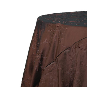 Chocolate Brown Taffeta Round Tablecloth with Flowers 120″
