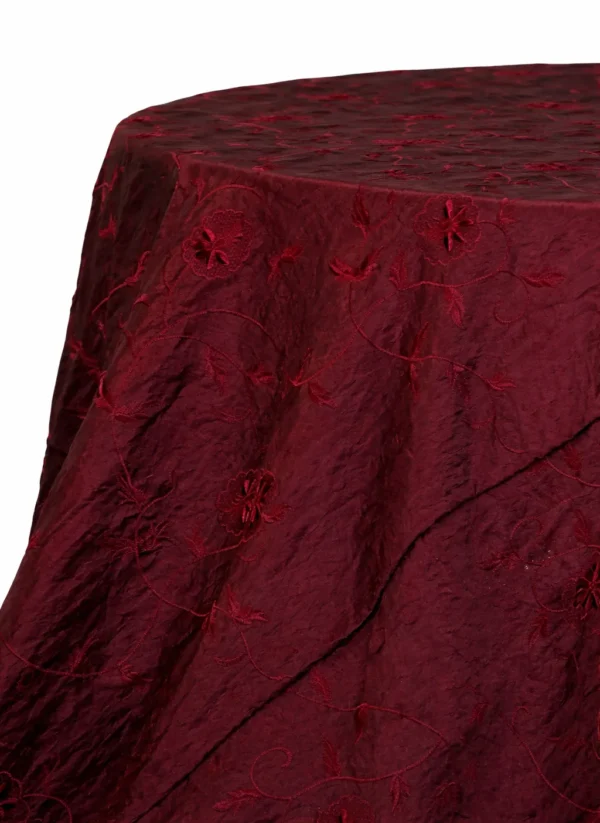 BURGUNDY ROUND TAFFETA TABLECLOTH WITH FLORAL DESIGN 120"