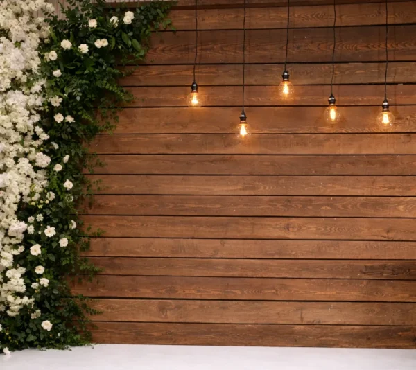 RUSTIC WALL WITH SILK FLORAL RUNNER AND LIGHTS