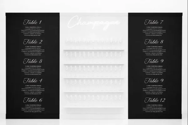 BLACK CHAMPAGNE SEATING CHART WALL