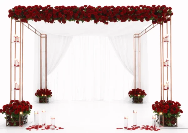 ROSE GOLD GEOMETRIC CHUPPAH WITH SILK FLORAL RUNNERS